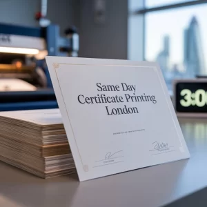 White certificate with 'Same Day Certificate Printing London' text on beige surface, printing machine and city view in background – Certificate Printing London