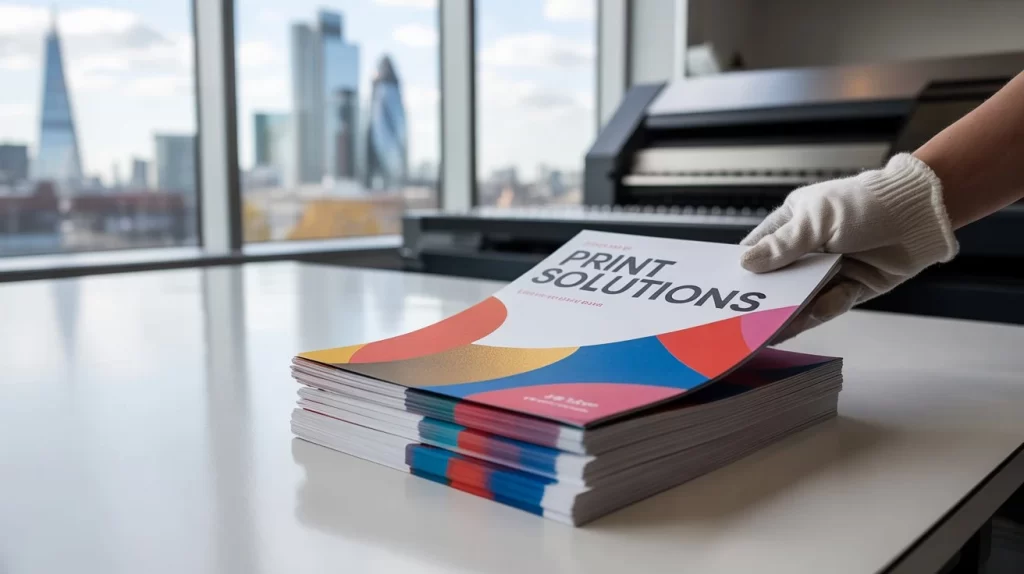 Gloved hand lifting vibrant 'PRINT SOLUTIONS' brochure from stack with London skyline and printer visible – Flyer Leaflet Printing London.