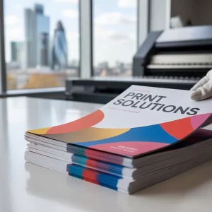 Gloved hand lifting vibrant 'PRINT SOLUTIONS' brochure from stack with London skyline and printer visible – Flyer Leaflet Printing London.