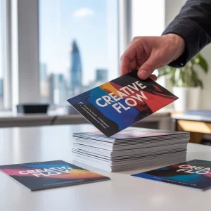 Professional hand lifting 'CREATIVE FLOW' brochure in London office with Shard visible through window – Postcard Printing London.