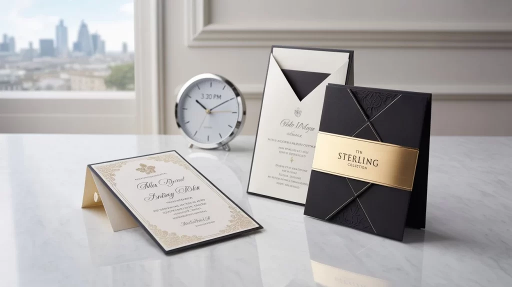 Elegant wedding invitation sets displaying premium Invitation Printing London craftsmanship on marble surface with gold accents and sophisticated designs.