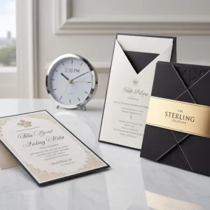 Elegant wedding invitation sets displaying premium Invitation Printing London craftsmanship on marble surface with gold accents and sophisticated designs.