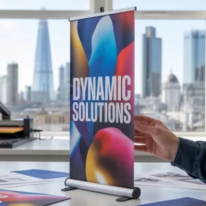 Retractable banner with 'DYNAMIC SOLUTIONS' text in London office setting – Same Day Roller Banner Printing London.