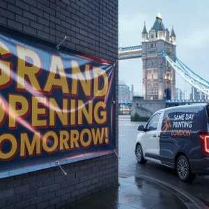 Same day banner printing london service displaying a vibrant "Grand Opening Tomorrow" banner on a London street wall, with rain-slicked pavement and SAME DAY PRINTING LONDON van parked nearby.