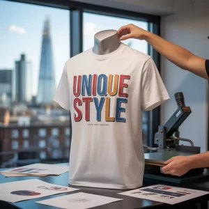 White t-shirt with multicolored 'UNIQUE STYLE' print, adjusted by hand in a London studio with cityscape backdrop – T shirt Printing London.