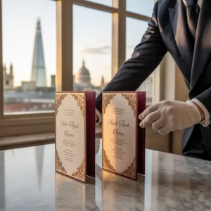 Butler arranging gold-burgundy wedding invitations with London skyline backdrop – DL Invitations Printing London luxury service.